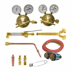 This propane outfit is configured for cutting and heating applications. It features a CGA 510 connection and includes flashback arrestors to help prevent reverse gas flow. Suitable for use in metalworking, construction, and maintenance tasks.