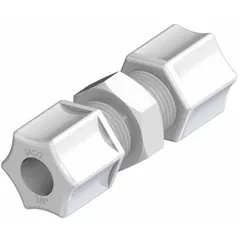 Acetal copolymer union compression connector for joining 5/16 in OD to 1/4 in OD tubing. Rated at 220 psi, white color, USDA Listed for food-contact applications. Suitable for use in potable water, beverage, and food processing lines.