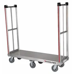 Aluminum-deck platform truck with tall handle, silver finish. Deck measures 60 in L x 18 in W x 10 in H. Equipped with four swivel casters, 2 in wide thermoplastic rubber smooth-tread wheels. Suitable for transporting heavy loads in industrial and warehouse environments.