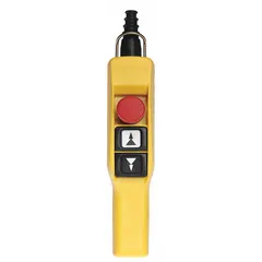 Plastic-enclosed pendant control station from the XACA series with a dead-end hub. Features two push buttons and one mushroom emergency stop operator, with maintained/momentary/momentary action. Includes strain relief. AC contact rating 3 A @ 250 V, DC contact rating 0.27 A @ 250 V. Suitable for remote operation of industrial machinery such as cranes, hoists, and conveyors.