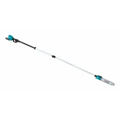 This MAKITA pole saw is powered by a 36 V battery system and features a telescoping design that extends from 9 ft to 13 ft. It includes a 10-inch blade and is supplied as a tool only, requiring a separate battery and charger. Suitable for pruning tree branches and cutting overhead limbs in residential and commercial landscaping.