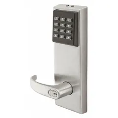 Electronic keyless access lockset with a chrome finish. Provides keyless entry for commercial and institutional doors. Complies with ADA requirements for accessibility.