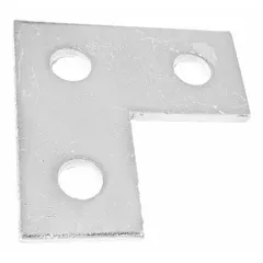 Steel corner plate fitting for strut channel systems. Used to join and reinforce channel sections at 90-degree angles in industrial framing, cable tray, and pipe support applications. Hot dipped galvanized finish provides corrosion resistance.