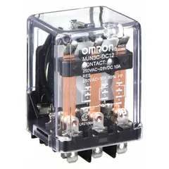 Socket-mounted relay with square base and round pins. 3PDT contact configuration rated 10 A at 12V DC. 11-pin plug-in terminal connection. Suitable for switching loads in control panels, automation systems, and HVAC equipment.