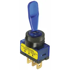 Panel-mount SPST toggle switch with On/Off function. Blue actuator and stem, 1/4 in male terminals, and illumination in the On position. Suitable for simple On/Off control of DC circuits in automotive, marine, or off-road applications.