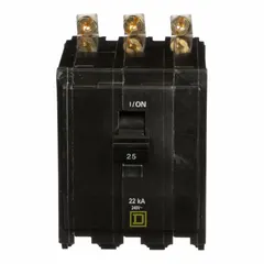 Three-phase bolt-on miniature circuit breaker rated 25 A at 120/240V AC with a maximum interrupting rating of 22kA at 120/240V AC. Provides overload and short-circuit protection in Square D NQOD panelboards for commercial and industrial electrical distribution systems.