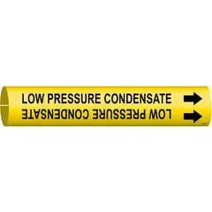 Yellow snap-on pipe marker with black legend reading 'Low Pressure Condensate' and directional arrows. Fits pipe outer diameter from 3/4 to 1-3/8 inches. Used to identify condensate return lines in steam and HVAC piping systems.