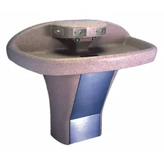 Sensor-operated wash fountain with a 4-station D-Shape bowl made of Corterra® in Smoky Granite. Features a P-Trap drain and 40 in overall width. ADA compliant for accessible hand washing in commercial restrooms, schools, and healthcare facilities.