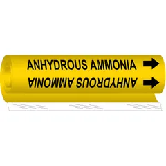 Wrap-around pipe marker for identifying anhydrous ammonia lines. Fits pipe outer diameter 1-1/2 to 2-3/8 inches. Includes directional arrows and displays English text. Supplied as one marker.