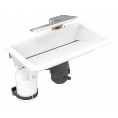 This undermount bathroom sink kit from BRADLEY is constructed of Terreon material in Designer White. It includes a faucet and a liquid soap dispenser. Overall dimensions are 24 1/2 inches in length and 14 1/2 inches in width. Suitable for commercial or residential restroom installations requiring a durable, undermount sink.