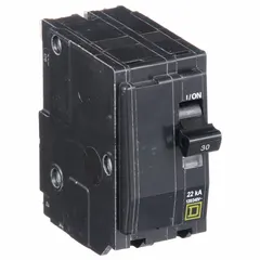 Plug-in miniature circuit breaker for overcurrent protection in branch circuits. Rated 30 A, 120/240V AC, single-phase, 2-pole with a maximum interrupting rating of 22kA at 120/240V AC. For use in QO Load Centers and NQ Panelboards.
