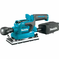 This 18V cordless sheet sander features a 1/3 sheet size, palm grip design, and clamp paper attachment. Variable speed control allows adjustment for different materials. Supplied as bare tool without battery or charger.