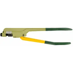 This indent style crimper delivers 1.5 tons of force for crimping compression lugs and splices onto electrical cables. The 23-inch overall length provides leverage for manual operation. It is a dieless tool suitable for industrial wiring, panel building, and maintenance tasks.