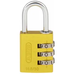 TSA approved combination padlock with yellow aluminum body and silver dial. Features a standard steel shackle. Designed for securing luggage and travel bags, allowing TSA agents to open with a master key during security checks.