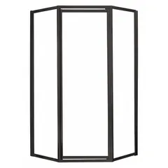 This framed neo-angle shower door is designed for corner shower enclosures, providing a space-saving entry. It features a 70-inch overall height, a 16-3/4-inch fixed panel width, and a door frame finished in oil rubbed bronze. Suitable for residential bathroom installations.