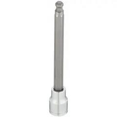 This ball-end hex bit socket features a 7 mm hex tip and a fixed insert design. The ball end allows off-angle access to fasteners in confined spaces. Overall length is 5 29/32 inches. Suitable for driving hex fasteners in automotive, machinery, and maintenance applications.