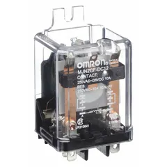 OMRON MJN2CF-DC12 is a DPDT surface-mounted relay with a 12V DC coil, rated 10 A at 240V AC (inductive load). It features an octal base, side flange mounting, and quick-connect terminals for secure electrical connections. Suitable for switching loads in industrial control panels, HVAC systems, and automation equipment.