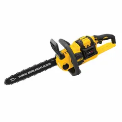 This 60 V battery-powered chainsaw features a rear-handle design and a 16 in bar length. It includes an automatic chain oiler for continuous lubrication. Suitable for tree pruning, limbing, and firewood cutting in landscaping and construction applications.