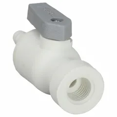 This Parker polypropylene ball valve features a straight one-piece body with a lever handle. It has a barb x FNPT connection and is used for on/off or redirecting flow in low-pressure fluid systems requiring corrosion resistance.