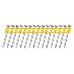 Collated concrete nails with a diamond point and smooth shank, designed for fastening materials to concrete or masonry. Each nail is 1-1/2 inches long, flat, and smooth. Supplied in a 1,000-count pack for use with compatible collated tools.