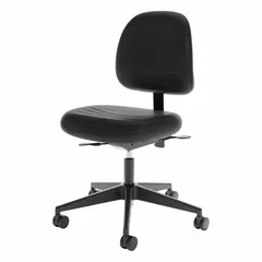 Fixed-arm office chair with black frame and black upholstery. Back height 15 inches, seat depth 19 1/2 inches, seat width 19 1/2 inches. Suitable for general office or workstation use where a stable seated position is required.