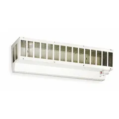 This Dayton air curtain cabinet features a steel housing with a white finish. It is designed for mounting above doorways to create an invisible air barrier, helping to separate indoor and outdoor environments. The unit measures 15-3/4 in overall height, suitable for commercial or industrial applications.