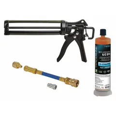 This UV leak detection kit is designed for locating refrigerant leaks in automotive air conditioning systems using R-1234yf or R-134a. It includes an EZ-Shot caulking gun-style dye injector assembly and one 8 oz cartridge of A/C dye for precise application.