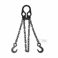 This Dayton double-leg chain sling features Grade-80 chain and steel sling hooks. The 10 ft sling length is adjustable for various lifting configurations. Typical applications include overhead lifting and rigging in industrial settings such as construction, manufacturing, and warehousing.