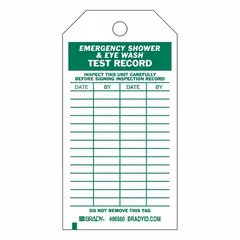This tag is used for documenting weekly or monthly testing of emergency showers and eyewash stations. Made of polyester for outdoor use, it resists moisture and UV exposure. Each pack contains 10 tags.