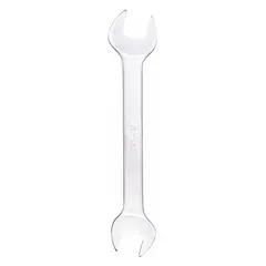 Alloy steel construction with satin finish. Double-end open end design with 5/8 in and 11/16 in head sizes. Overall length of 8 inches. Suitable for tightening or loosening nuts and bolts in general industrial maintenance and repair tasks.