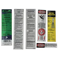 Replacement label kit for Louisville Ladder models AS4003, AS4004, AS4005, AS4006, and AS4008. Used to restore safety and identification labels on material handling ladders in industrial and warehouse settings.