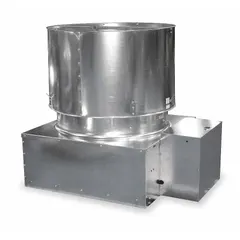 Belt-drive axial upblast roof exhaust fan for emergency smoke control. 48-inch blade delivers 18,650 to 34,761 cfm. Supplied without drive for custom integration in industrial and commercial ventilation systems.