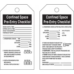 Black tags with white printing for documenting confined space pre-entry checks. Each tag includes fields for issued/expires date and time, space to be entered, purpose of entry, and atmospheric checks after isolation and ventilation. Fastened with a cable tie. 25 tags per pack.