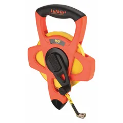Manual open-reel tape measure with a 150 ft fiberglass blade, single-sided SAE graduations in 1/8 in increments. Features a nonmagnetic single hook end and a plastic case with grip. Suitable for long-distance measuring in construction, surveying, and layout applications.