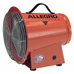 This axial blower and ducting combination unit operates at 120 V AC with a 1/3 hp motor and 3,200 RPM blower speed. It features an 8-inch duct diameter and is used for ventilating confined spaces such as tanks, vaults, and manholes to supply fresh air or exhaust fumes.