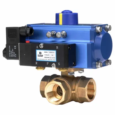 DYNAQUIP CONTROLS Pneumatically Actuated Three-Way Ball Valve: 1 1/4 in, Brass - L-Port Brass Pneumatically-Actuated Ball Valves
