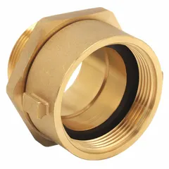 This brass swivel adapter features NH x NPT straight connections with a 2-1/2 in x 2-1/2 in fitting size. It is used to connect fire hose couplings to standpipe or hydrant threads in fire protection systems and municipal hydrant applications.