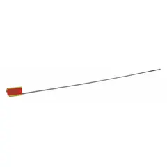 These adjustable-length cable seals are constructed of zinc and feature a 12-inch cable length with a 1/16-inch diameter. Each seal is sequentially numbered and marked with 'Sealed' in black. Supplied in a 100-pack, they are used to secure and tamper-evidence containers, valves, and meters in industrial and utility applications.