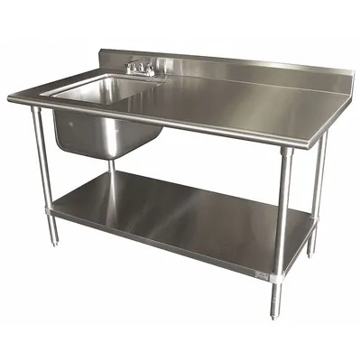 ADVANCE TABCO Work Table with Sink: 1 Bowls, 40 1/2 in Overall Ht, 60 in Overall Lg - One-Bowl Freestanding Kitchen & Bar Sinks with Faucets