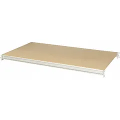 This bulk rack shelf kit includes two 14 ga steel beams with a powder-coated light gray finish and a particleboard deck. It is used to create additional storage levels in industrial racking systems for palletized or bulk items in warehouses and distribution centers.