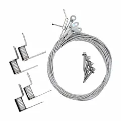 This suspension kit includes a 5 ft cable with WC3 cable size, a 1/4 in fitting size, and a 45° eyelet fitting. It comes with a 2 in wood screw and a KV Bracket Lock for secure installation. Used for overhead support of strut channels and cable trays in commercial and industrial construction.