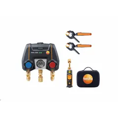 Digital wireless manifold gauge set for R-455A refrigerant, featuring two valves and three hoses. Includes the Testo 552i Wireless Vacuum Probe for deep vacuum measurement during system evacuation. Used for pressure and temperature measurement in HVAC-R service.