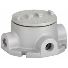 Aluminum T-shaped conduit outlet body with 1/2 in trade size and 18 cu in capacity. Threaded female hubs for use with threaded IMC. Flat back, flanged design, powder-coated finish. CSA C22.2 No. 25 listed for hazardous locations.