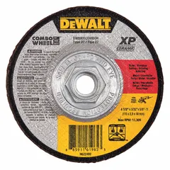 This depressed center cut-off wheel is designed for cutting carbon and stainless steel. The Type 27 wheel measures 4-1/2" diameter by 3/32" thickness with a 5/8"-11 arbor hole, featuring ceramic abrasive in 24 grit for cool cutting action. Suitable for metal fabrication, maintenance, and repair applications.
