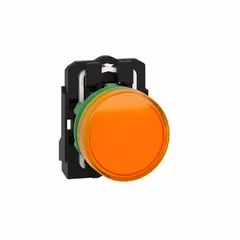Orange LED pilot light from the SCHNEIDER XB5 Series for 22 mm panel mounting. Provides visual status indication on industrial control panels without a push-to-test function. Suitable for signaling machine status, alarm conditions, or operational modes in automation and machinery applications.