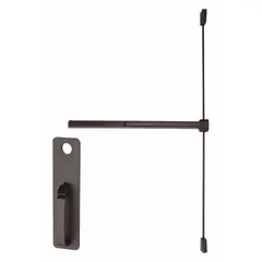 Rim-type exit device with touchbar style and thumbpiece pull outside trim. Bronze finish. ADA compliant. Designed for doors up to 3 ft wide. Suitable for commercial egress applications.