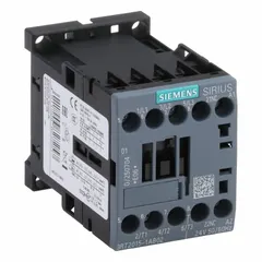 This Siemens non-reversing IEC contactor features 3 poles and 3 normally open (NO) contacts, rated at 7 A with a 24V AC coil. It is used for switching electrical loads in motor control, lighting, and HVAC applications. No integrated surge suppression.