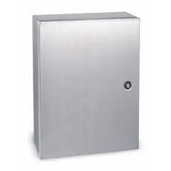 This 304 stainless steel enclosure measures 36 x 30 x 12 inches with a solid cover and 1/4-turn latch closure. Rated NEMA 12/13/3R/4/4X, it is suitable for protecting electrical controls and instrumentation in indoor or outdoor environments requiring corrosion resistance and watertight sealing. Knockouts are not included.