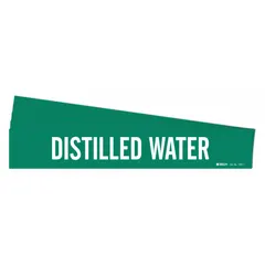 Green pipe marker with white legend reading 'Distilled Water', without arrows. Fits pipe outer diameters from 2-1/2 to 7-7/8 inches. Adhesive-backed for application to piping systems. Sold in a 5-pack.