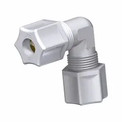 Acetal copolymer tube fitting for connecting two tubes of 3/4 in OD at a 90-degree angle. Rated for 220 psi. White color. FDA certified for food-contact applications. Union design allows easy disassembly without disturbing tubing.